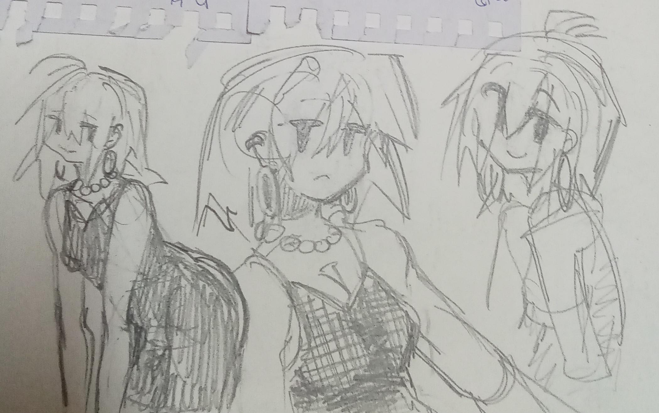 three sketches of the same person. they have a pearl necklace now.