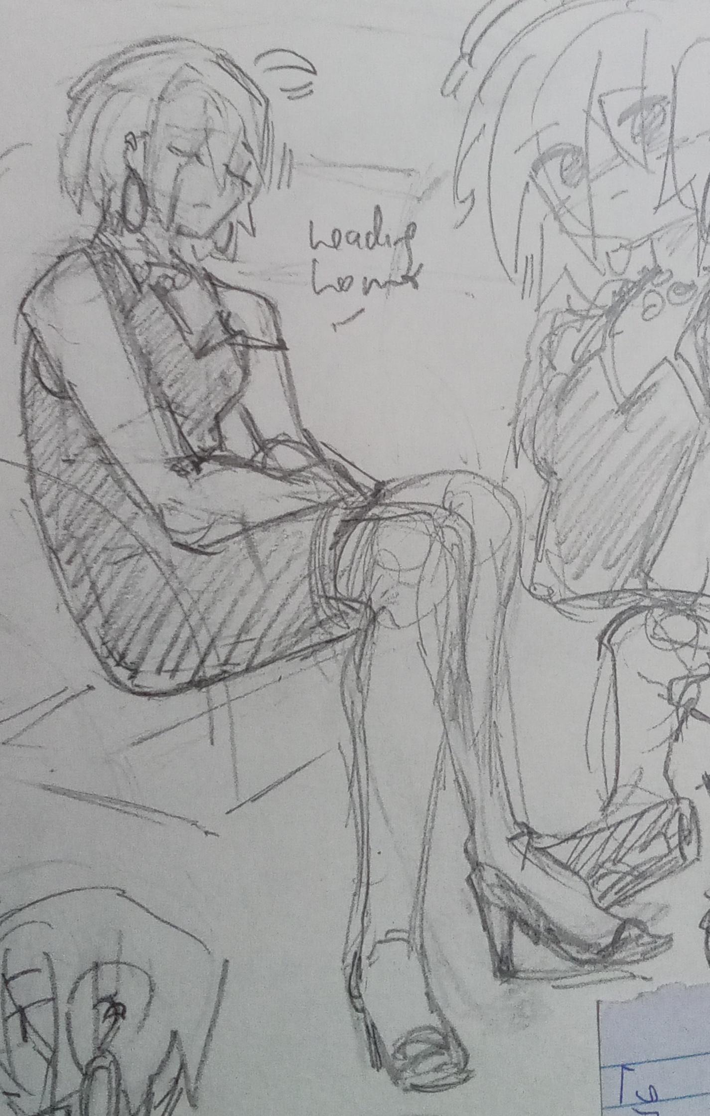 the same person again. this time they're wearing heels too. they're sitting down and their eyes are closed. text says "heading home".