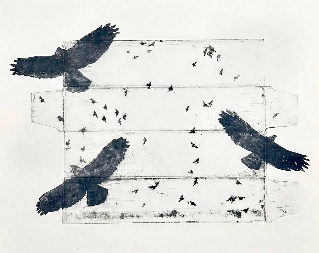 a collagraph print made in the outline of a small, flattened, cardboard carton with imagery of three hawks in the air, surrounded by smaller birds