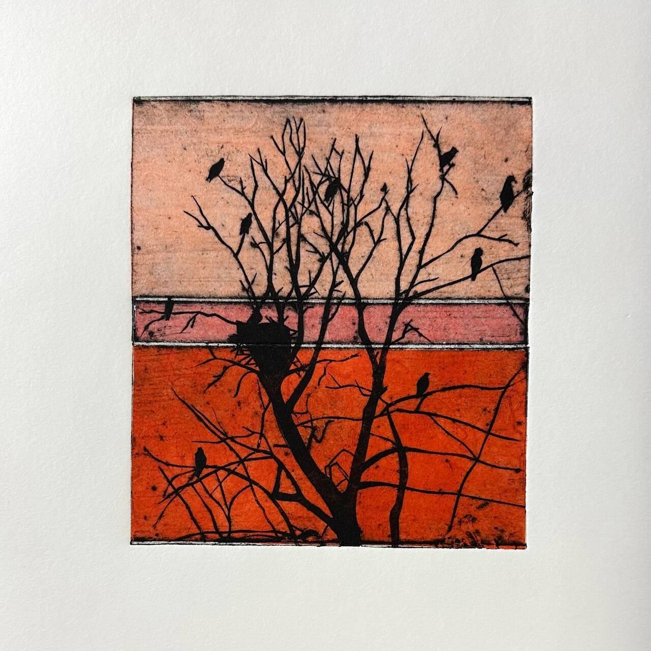 a collagraph print made in the outline of a small, flattened, cardboard carton with imagery of a silhouetted, leafless tree with birds and a nest