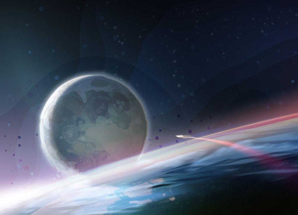 illustration of the moon rising above the cirvature of the Earth as seen from orbit. A tiny rocket blasting away towards it. All is light and colour