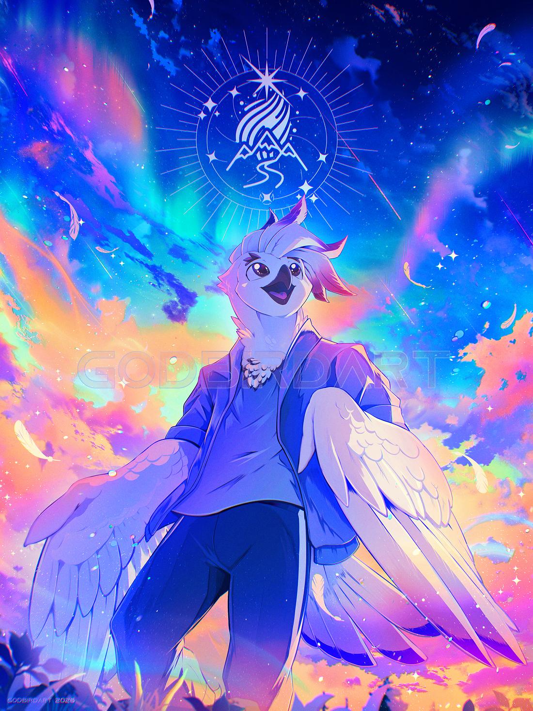 image is a digital portrait of an anthropomorphic avian character looking upward awed at a vibrant sky littered with colourful aurora and clouds.