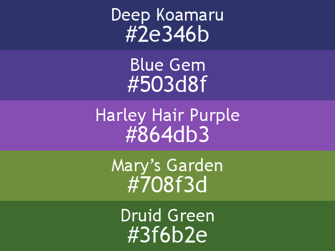 a block of five horizontal color swatches in Deep Koamaru (#2e346b), Blue Gem (#503d8f), Harley Hair Purple (#864db3), Mary’s Garden (#708f3d), and Druid Green (#3f6b2e).