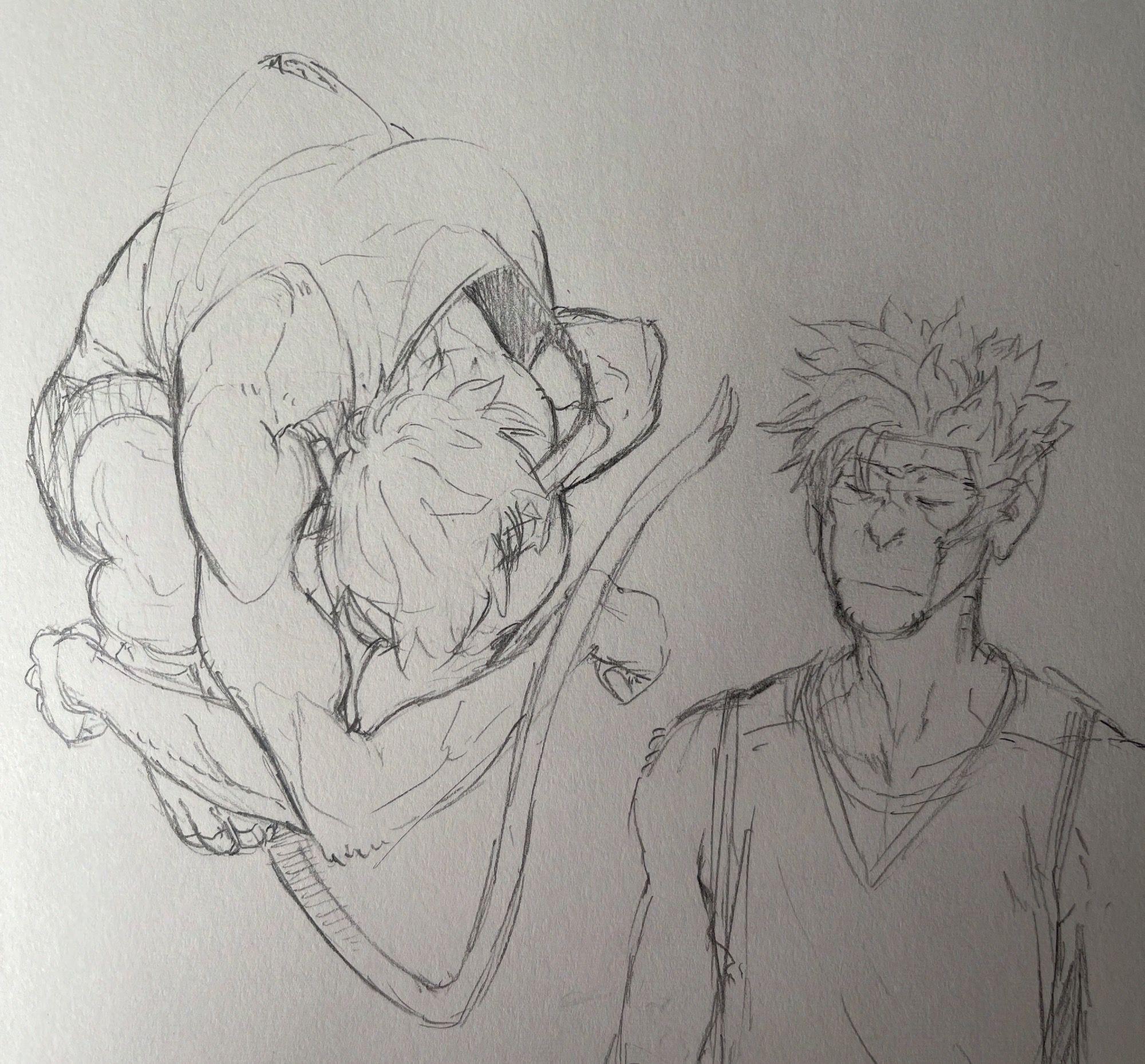 a photo of a couple of sketches in my new sketchbook.
this time two of my humanoid bonnet macaque OC Hudson. 
One to the right is a portrait of him with his eyes closed and looking calm. 
The other, he's floating in sort of a ball crouch.