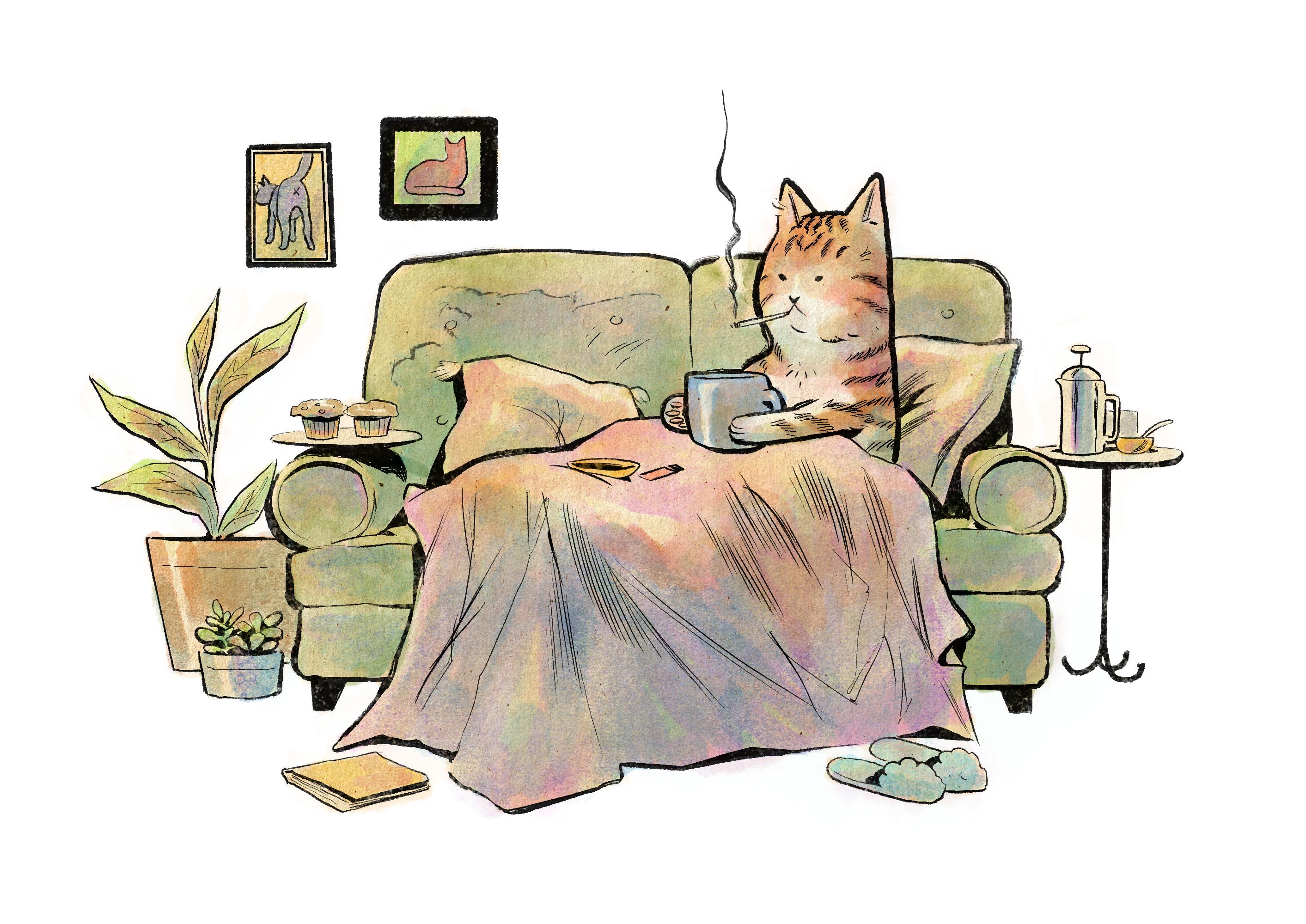 Watercolor drawing of a cat snug on a couch with a mug and little snacks