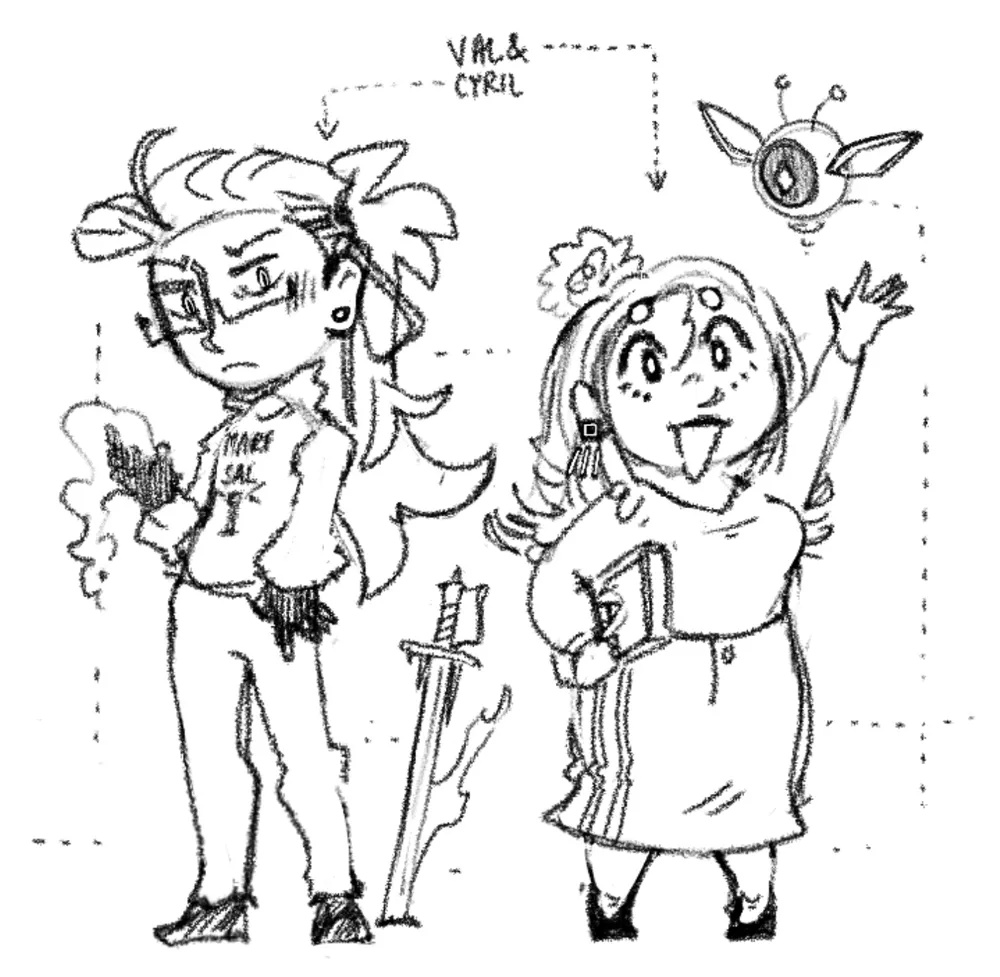 A digital sketch of two OC chibis. Cyril on the left, a mean tall man with long hair, and Val on the right, a bubbly girl with a floating robot and transistor earrings.