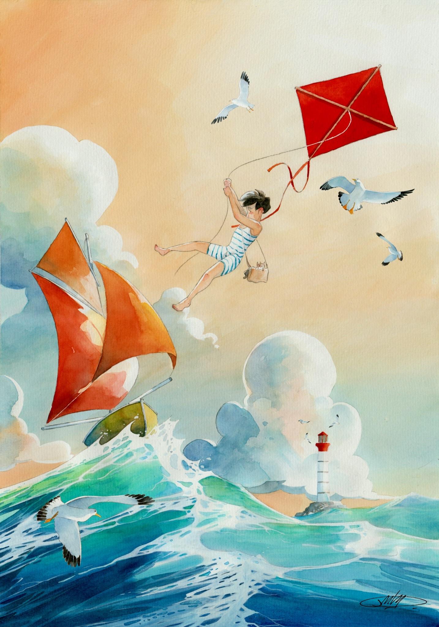 A whimsical watercolor illustration featuring a young boy flying a red kite above turbulent ocean waves. In the scene, there are two colorful sailing boats, seagulls in flight, and a distant lighthouse against a pastel sky.