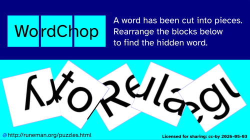 There's a word which has been cut into squares, each of which contains a part  of the word, maybe with parts of some letters cut so they appear on different squares.

The puzzle image is mostly in stripes of blue, but the jumbled, partly overlapping squares are white with black letters.

The main clue is that one letter has a capital letter in it, marking the beginning of the word.
