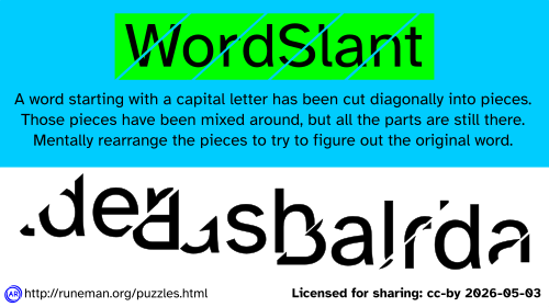 WordSlant

A word starting with a capital letter ha been cut diagonally into pieces.
Those pieces have been mixed around, but all the parts are still there.
Mentally rearrange the pieces to try to figure out the original word.

reference to the date published