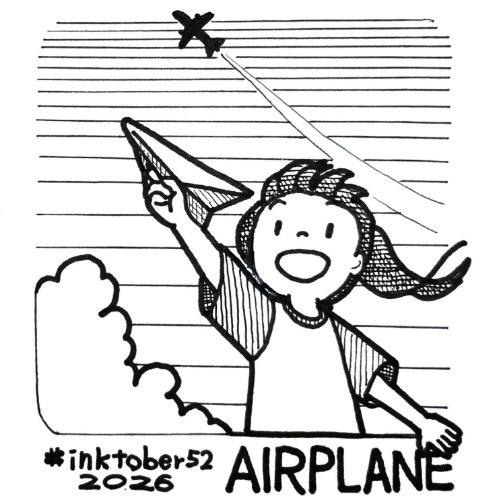 Ink drawing. A girl holds up a paper airplane toward the sky, seen from a slightly low angle. High above, a real airplane crosses the sky, leaving a contrail. A large cloud rises in the lower left.