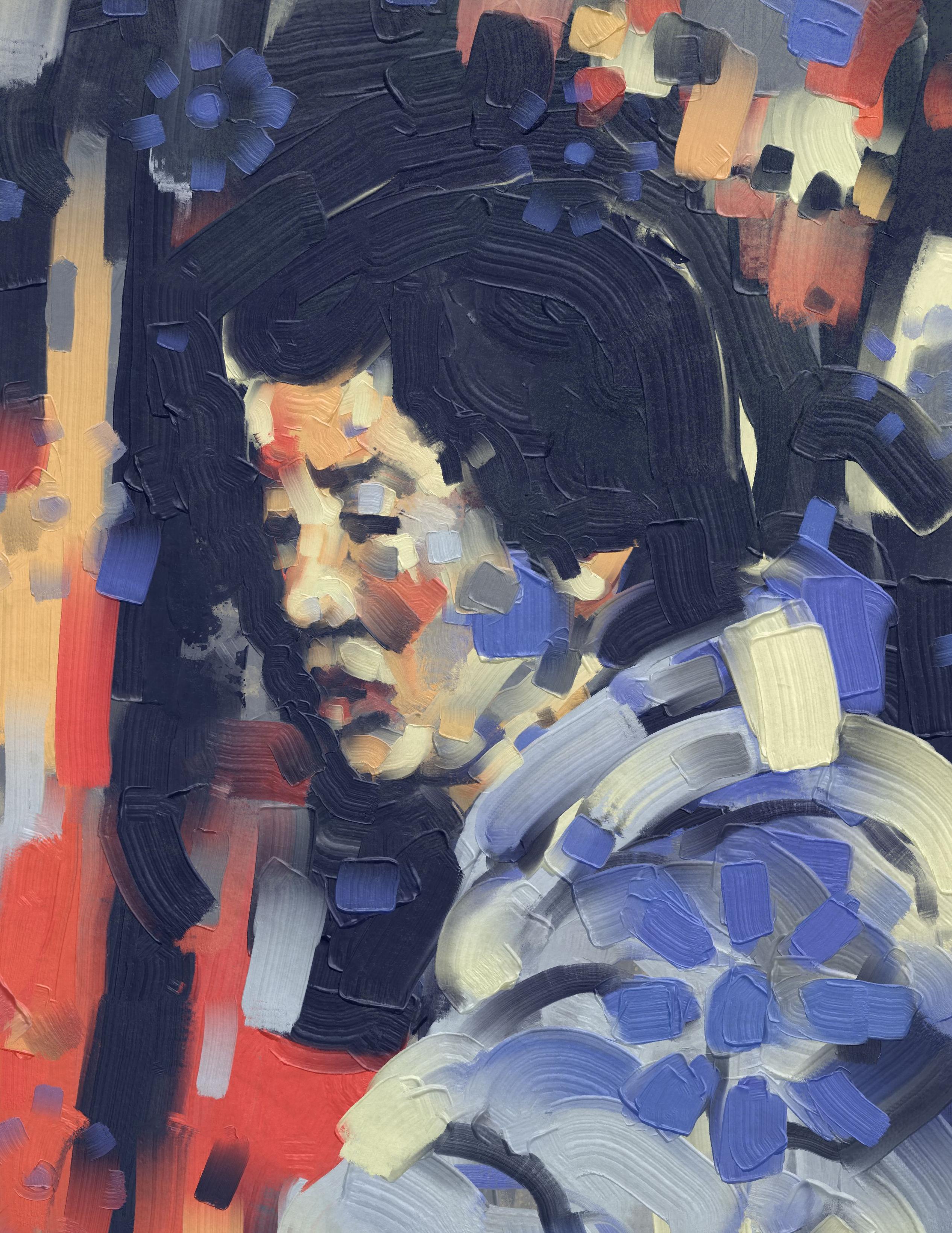 Painting of a woman looking into the distance with heavy impasto