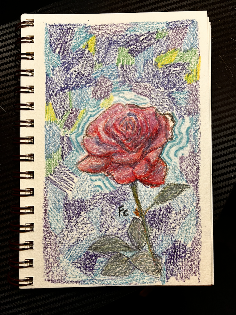 A crayon drawing on a heavily textured white paper featuring a red rose framed by splotches of blue, violet, and green color blocks. The artist's signature, "Fc" is to the left of the rose's stem.