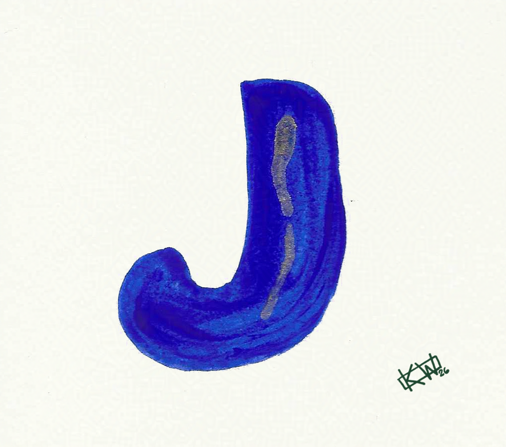 Watercolor of upper case letter J in a lovely shade of blue with gold swirls.