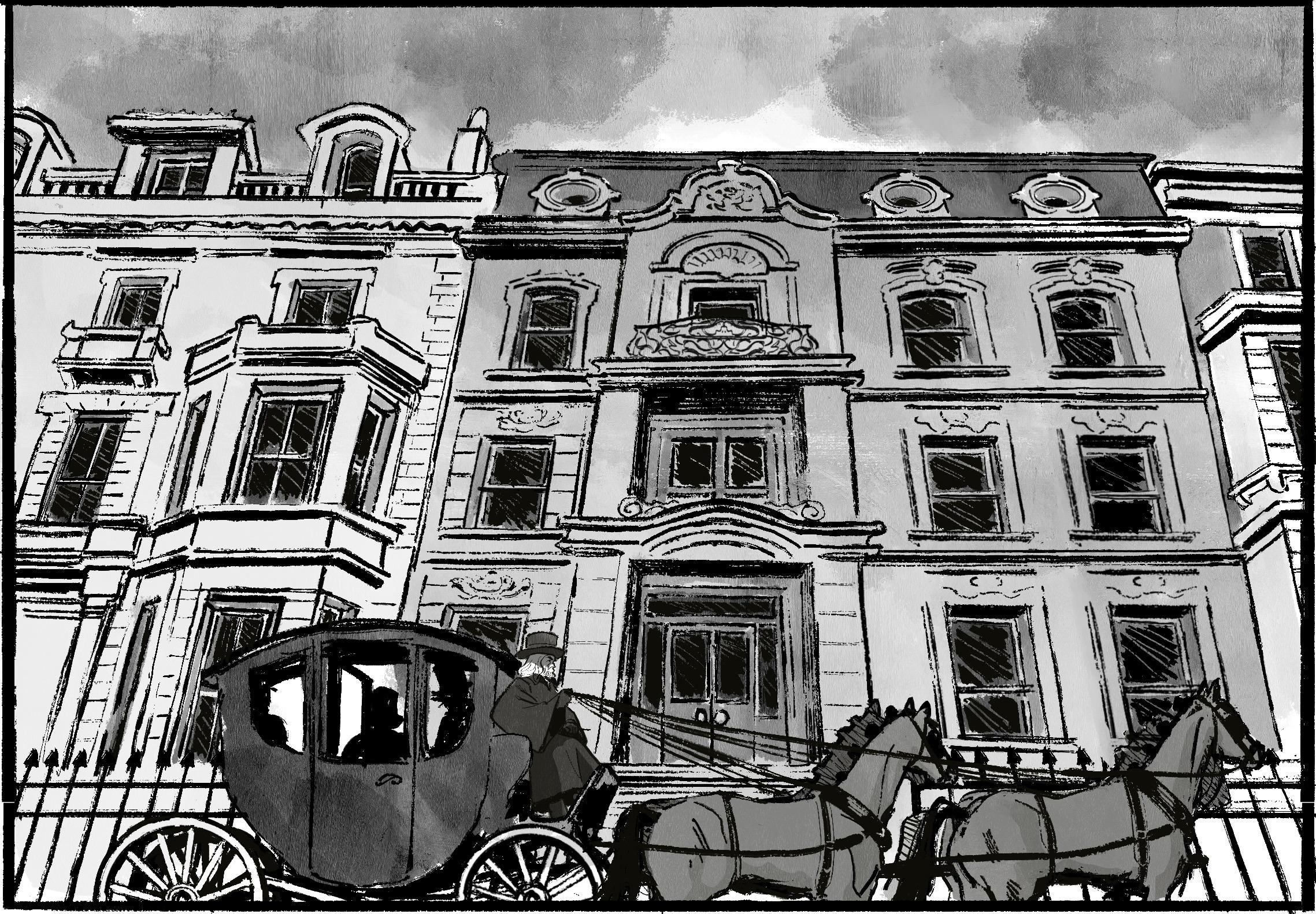 A black-and-white illustration of Esther’s mansion, a ornate, multi-story building. A horse-drawn carriage just stops in front of