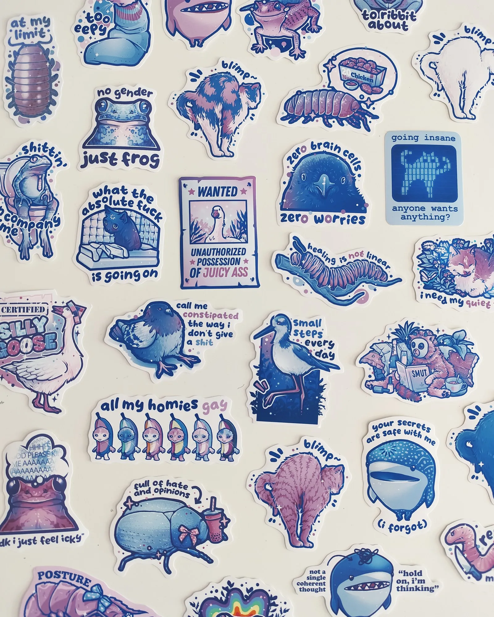 photo of many of my silly stickers including bugs, birds and cats with funny quotes