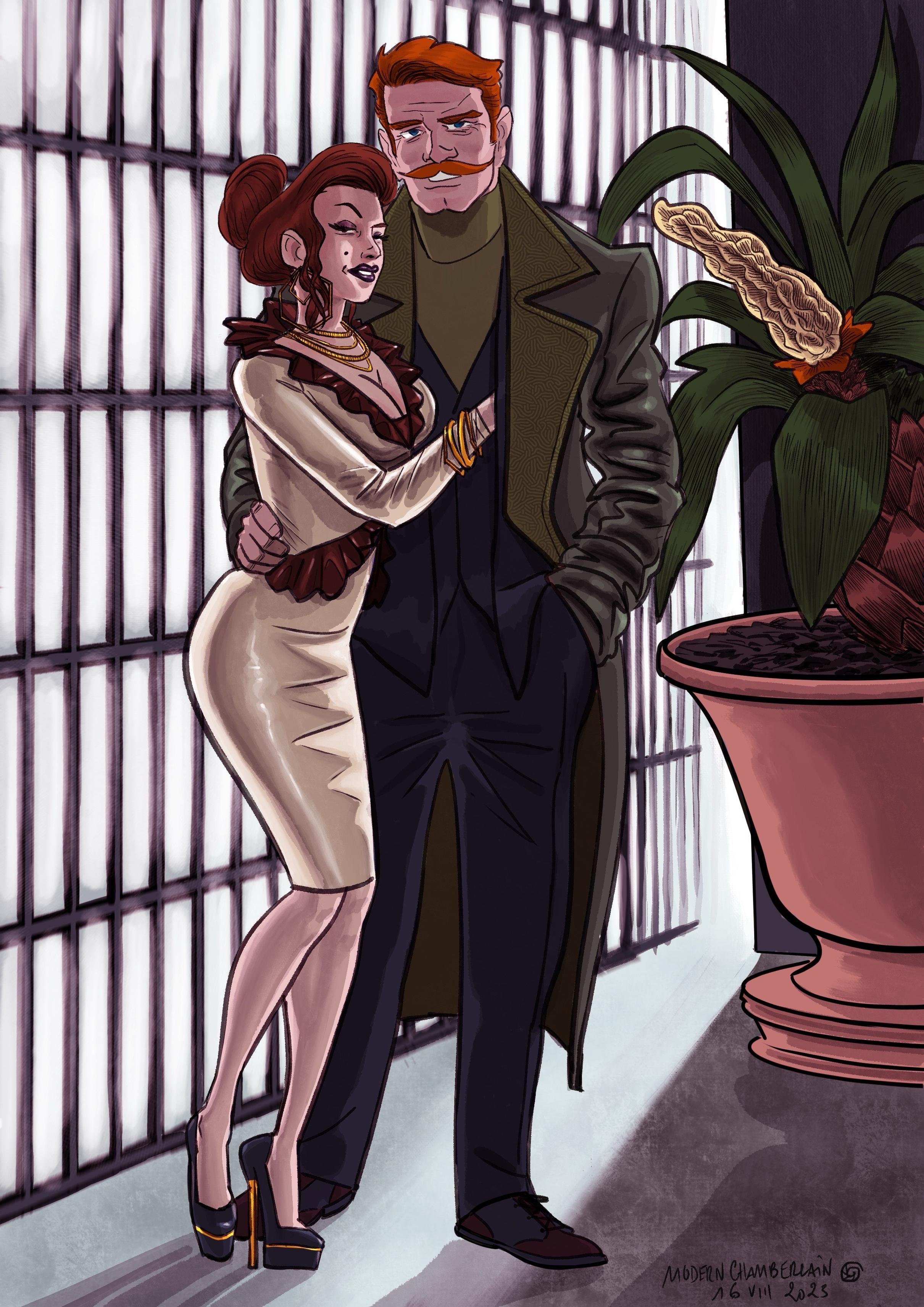 Modern Chamberlain:  Lady d’Arcy, in a form-fitting ivory dress and high heels, embraces the man, who is dressed in a long green leather coat and dark bleu suit. There is a large potted plant with a window in the background