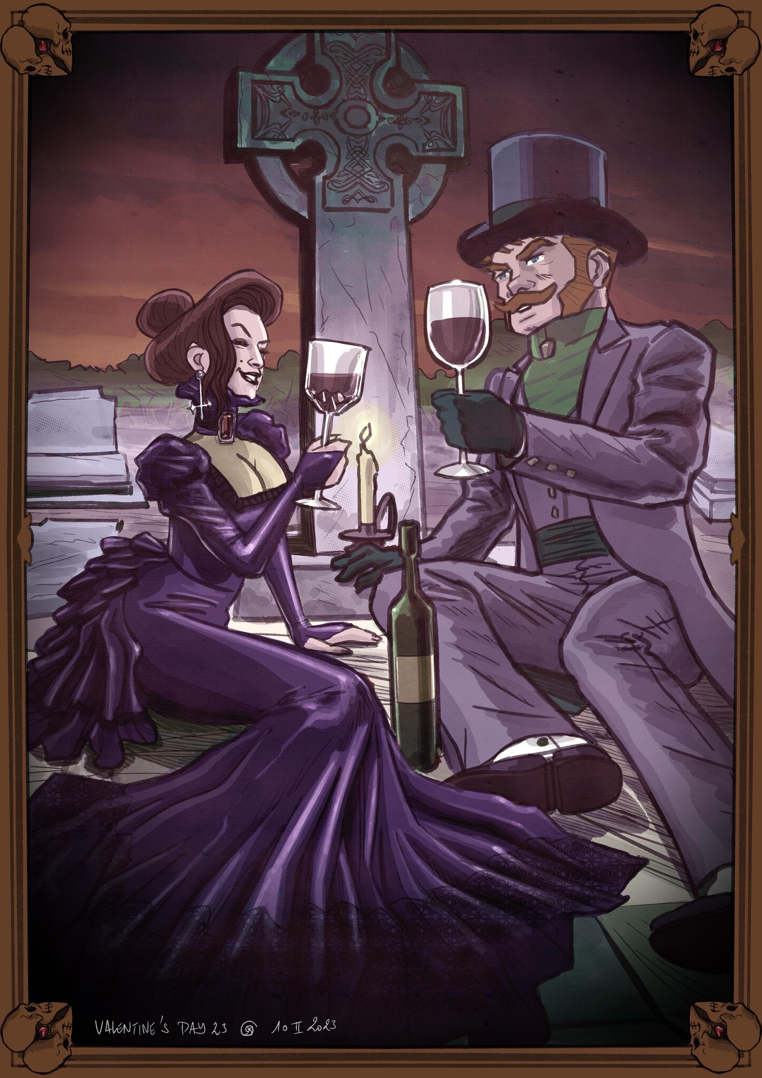 Lady d’Arcy and Sir James enjoying Valentine’s Day in a graveyard, sitting in front of a cross-shaped tombstone and raising wine glasses in a toast and they are lit by a candle. 

Lady d’Arcy wears a purple dress while Sir James wears a frack