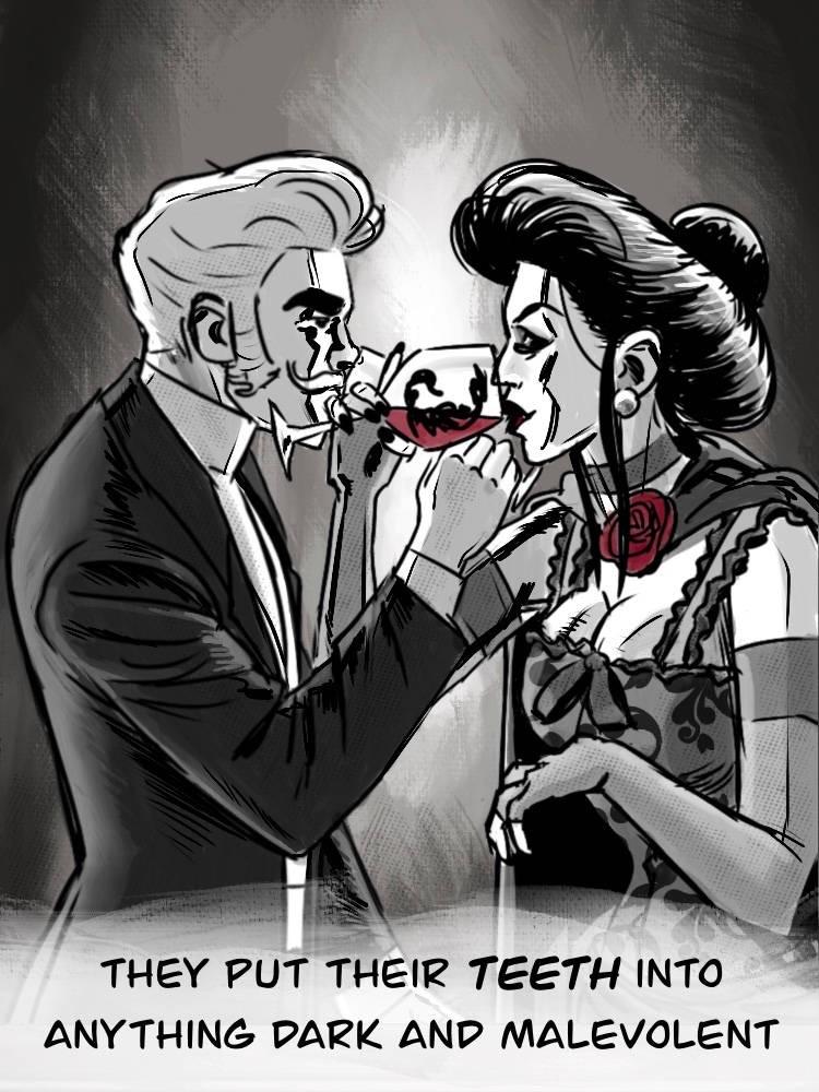 Excerpt from Inktober 2030: A stylized illustration of young Lady D’Arcy and Sir James leaning close together, sharing a drink. The man has a vintage hairstyle and painted facial features, while the woman wears a gothic-style dress and has a rose on her neck.