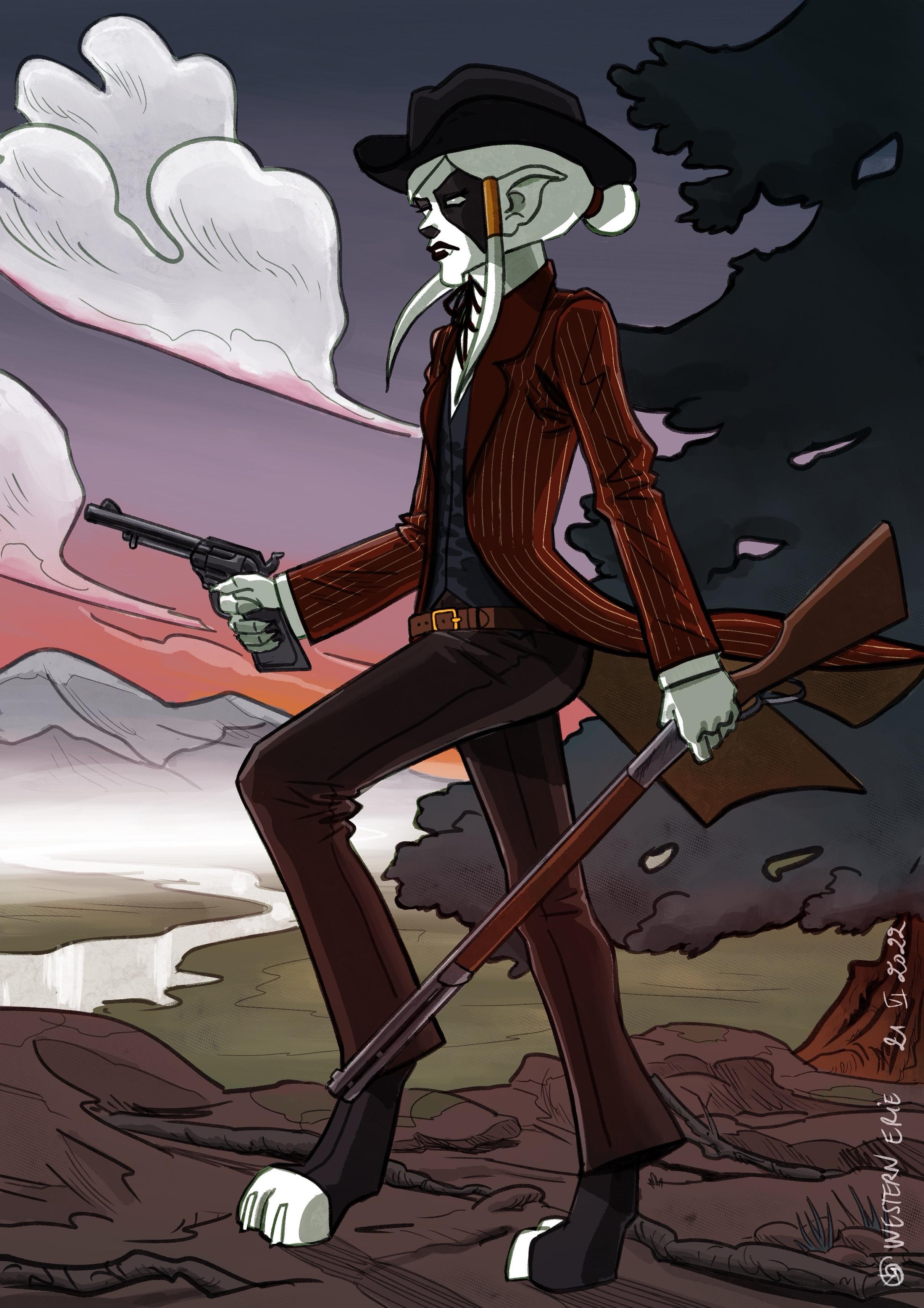 A Wild West version of Érié, wearing a black hat and a pinstriped brown jacket. She hold a pistol in one hand and a rifle slung over their shoulder. The background features mountains, clouds in Wild West atmosphere