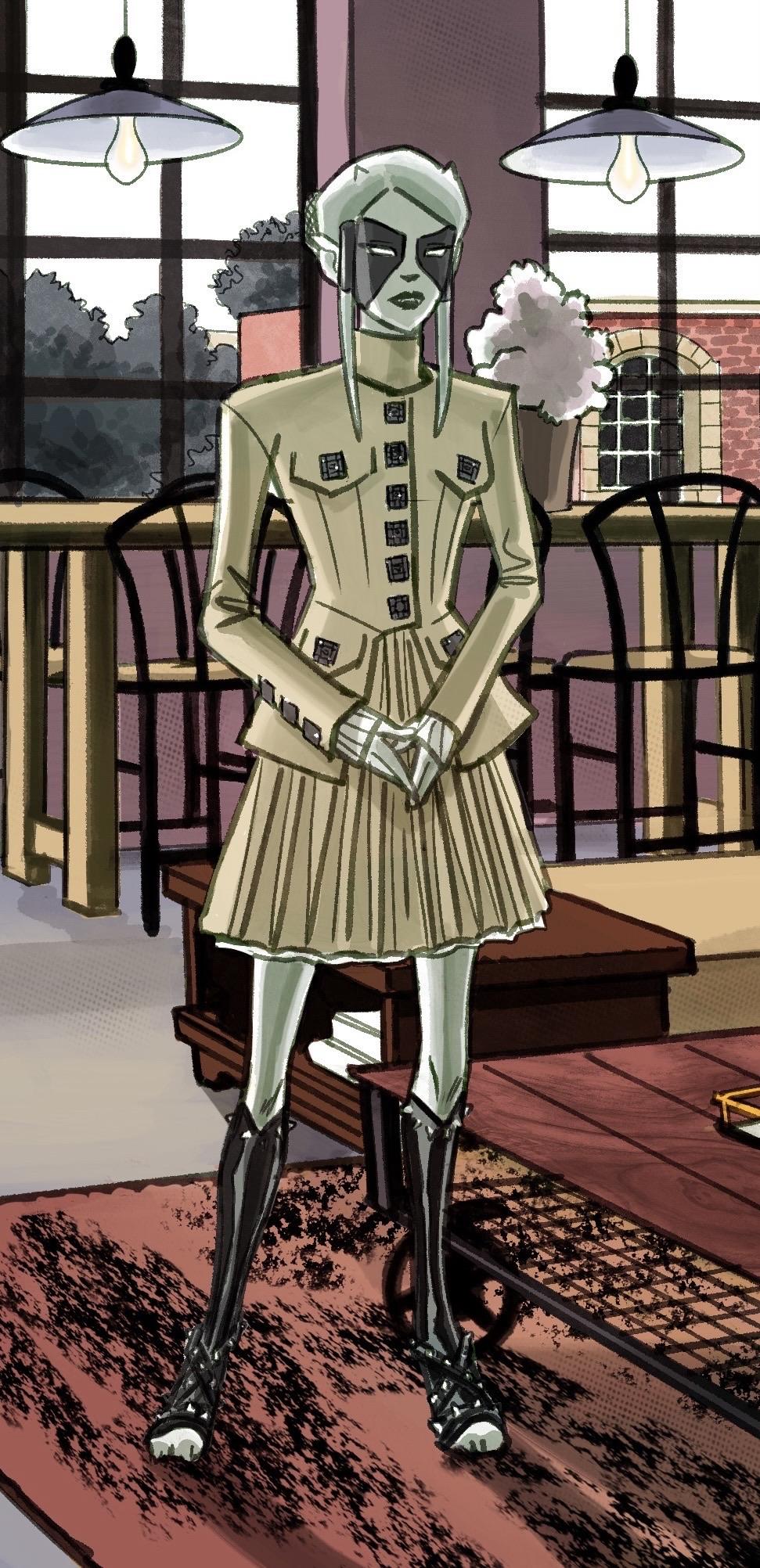 A modern Érié stands in a stylishly modern interior. She has green skin and wears a military-inspired pleated dress with buttons. The background features large windows, wooden furniture, and a decorative plant, creating a contemporary atmosphere.