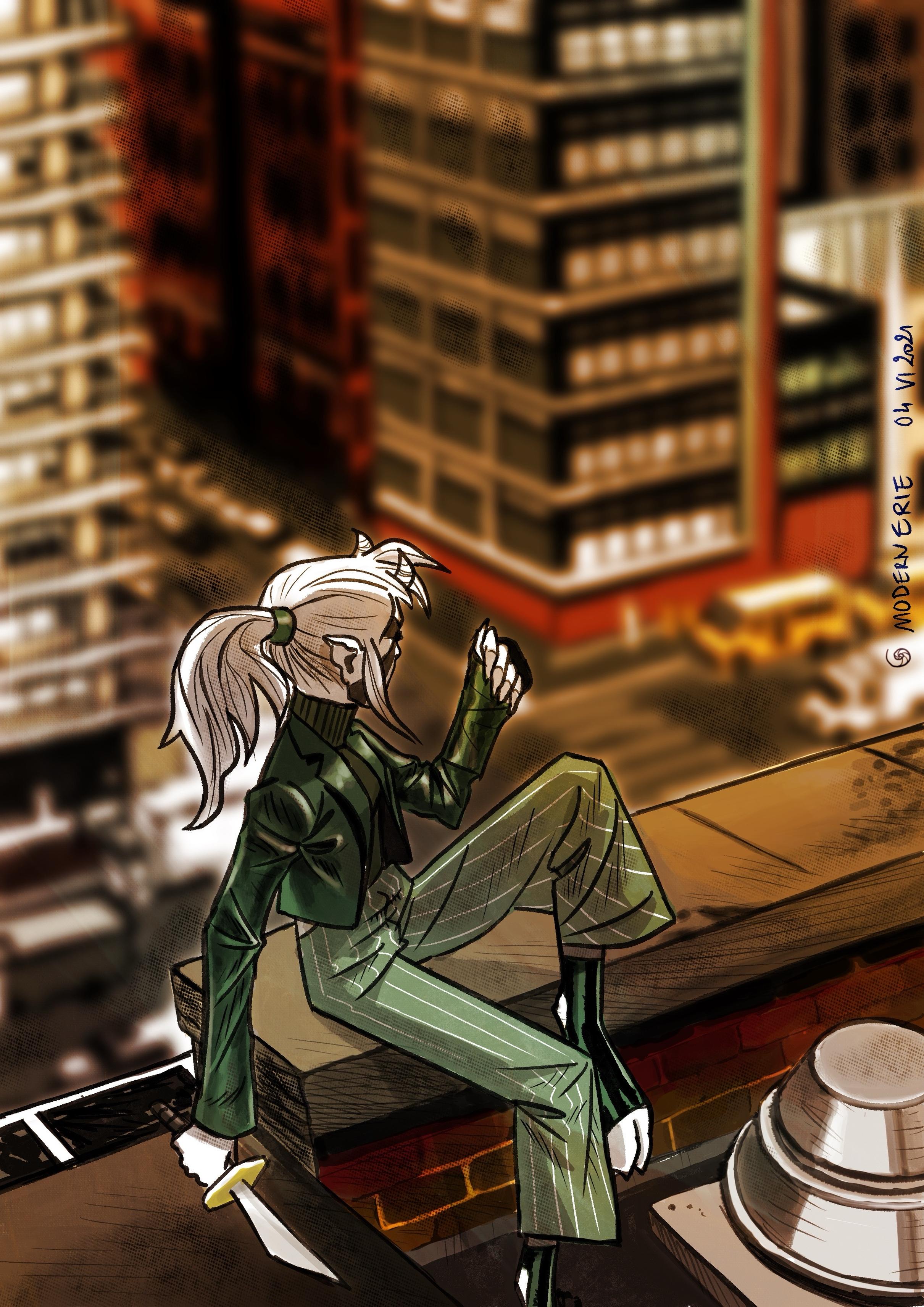 Another modern Érié with long white hair, wearing a green outfit, sits on a ledge in front of a cityscape. They hold a knife and look contemplative against a backdrop of tall buildings and a blurred street below.