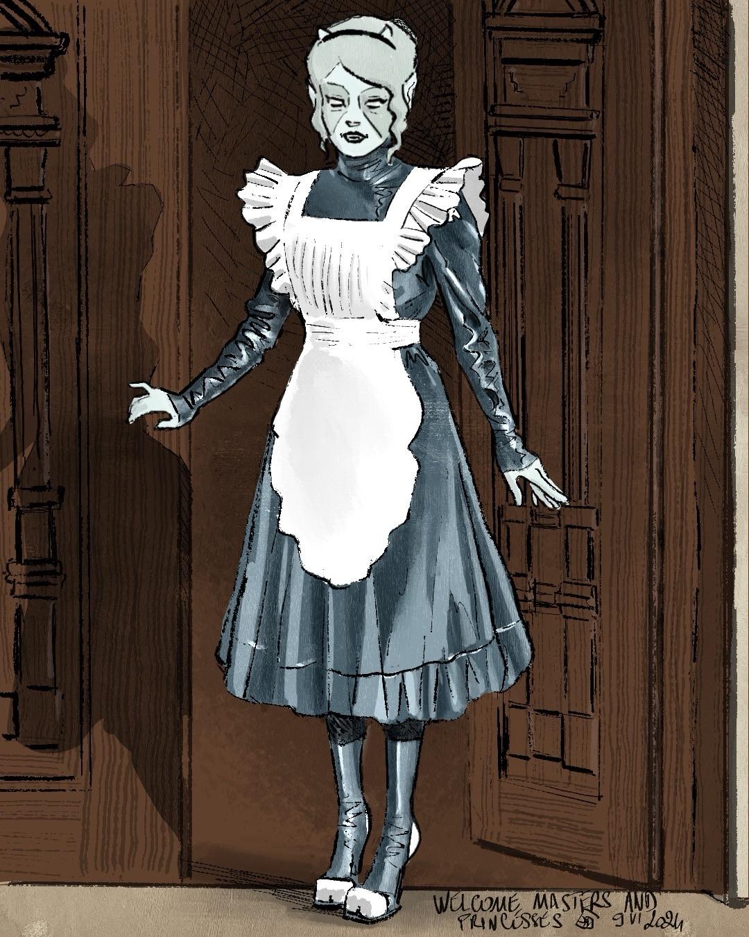 A digital illustration of Érié dressed as a vintage maid, featuring a blue dress with a white apron and ruffled collar. She stands in front of a wooden door, exuding a somewhat eerie and whimsical vibe.