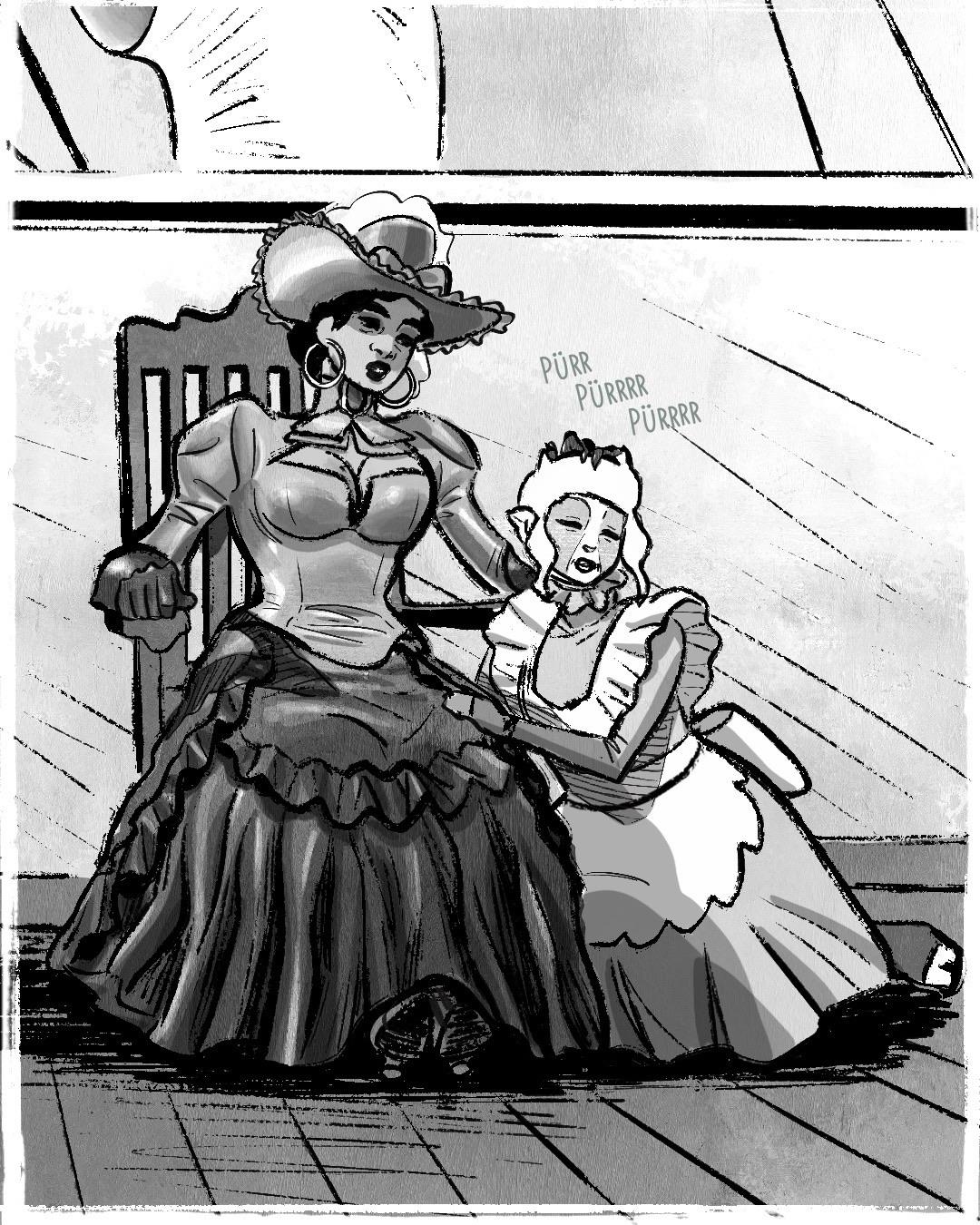 A black-and-white comic-style illustration featuring Esther and Érié on the deck of a steamboat. Esther is dressed in a stylish, vintage outfit with a large hat and ruffled dress, sitting casually in a chair. Erié, wearing her maid outfit, is lying next to her mistress, who is caressing her on the head, causing the maid to purr