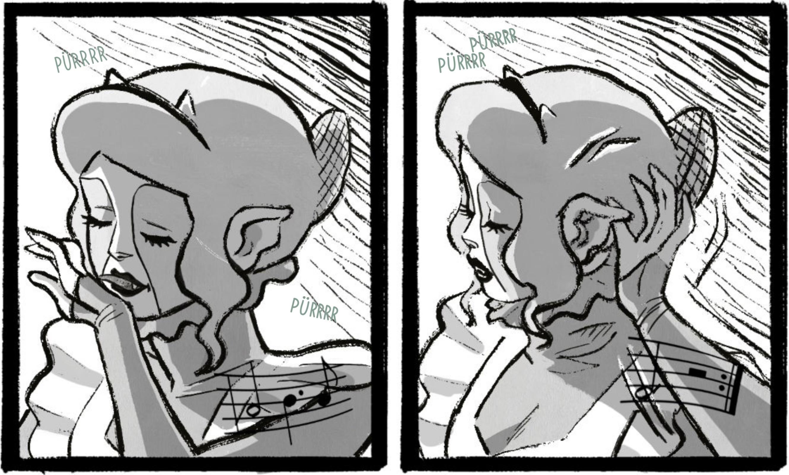 A two-panel comic shows  Érié cleaning like a cat. In the first panel, she closes her eyes, smiling, while licking her hand like a cat accompanied by musical notes and the sound "PURRRR." The second panel shows the leonine maid to pass her hand behind her ears, still while purring