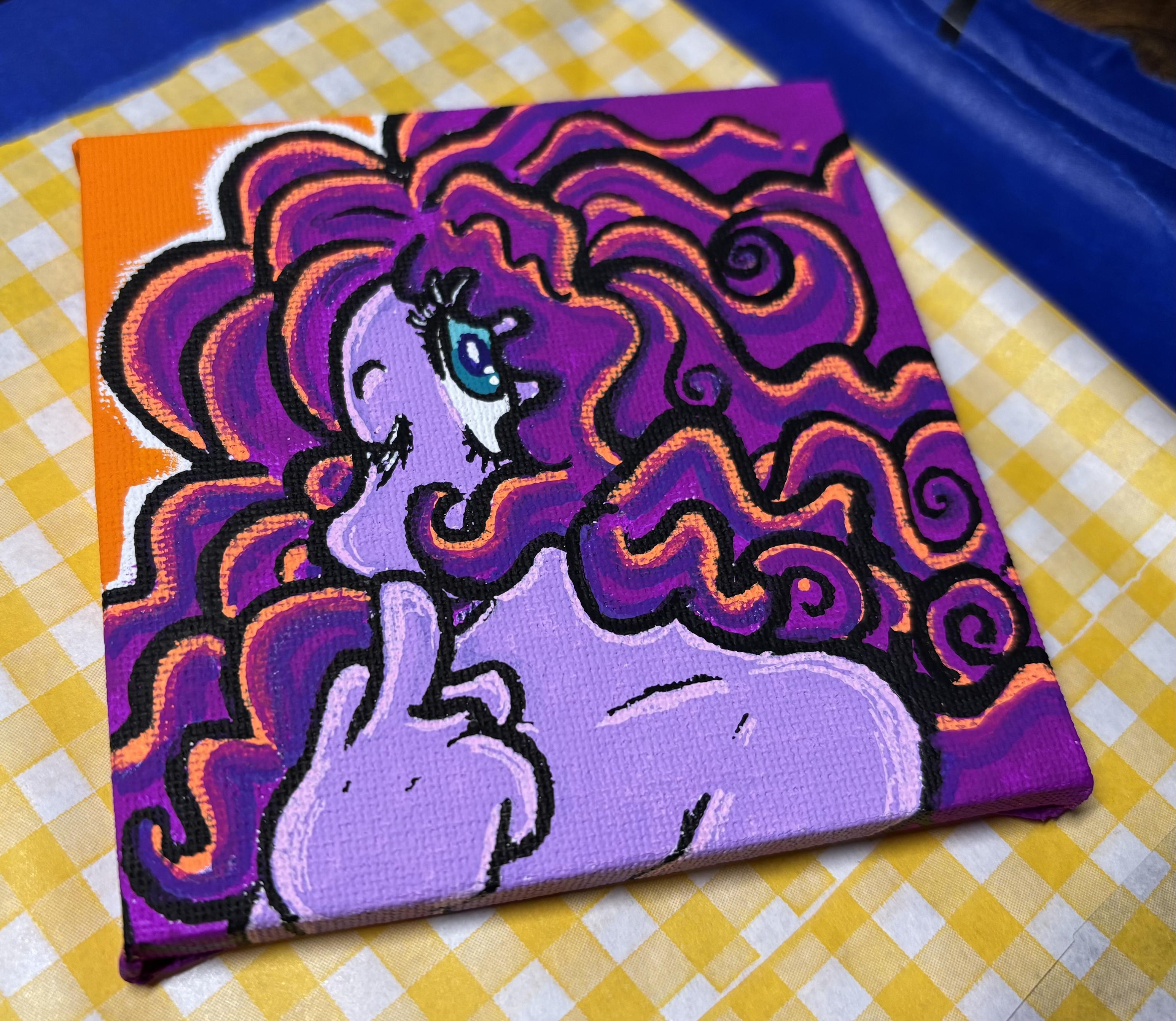small painting of a lavender-skinned character with long & wavy fluorescent purple hair with neon orange highlights that takes up most of the canvas. the character has their left finger up to their mouth and they're winking towards the viewer. there's a small bit of orange as the background in the upper left-hand corner.