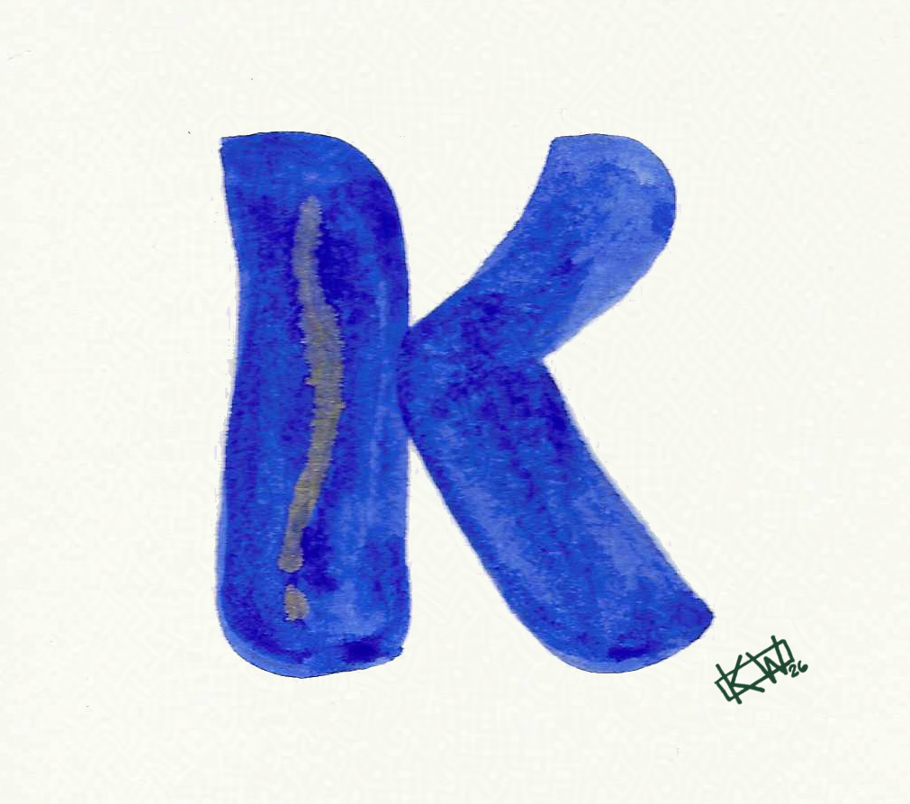 Watercolor of upper case letter K in a lovely shade of blue with gold swirls.