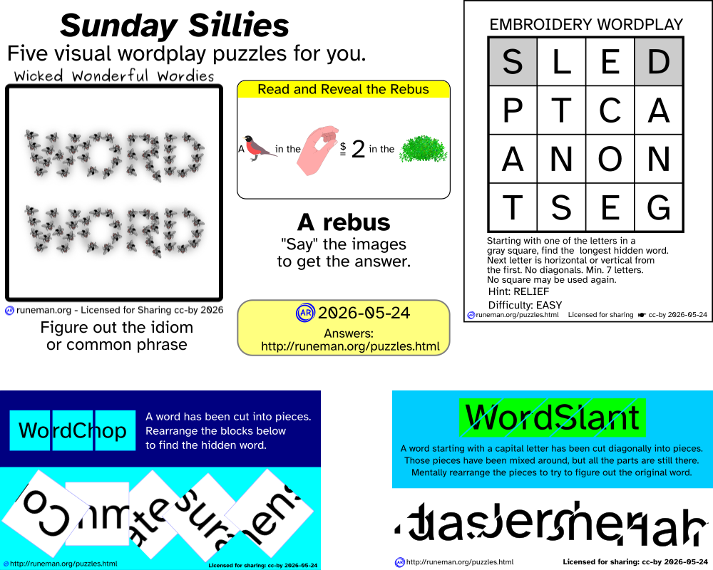 A combined image of Wordie, rebus, embroidery, wordchop and wordslant visual wordplay puzzles which are published individually on Sunday mornings from the Eastern US time zone.