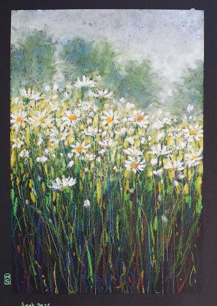 An A4 size original oil pastel painting of a patch of oxeye daisies with distant misty trees in the background and a grey sky. The artwork is on black pastel paper.
An original art work, please note that the frame is not included. 
Fine art oil pastel on toned pastel paper
Size A4 (210 x 297mm / 8.3 x 11.7")