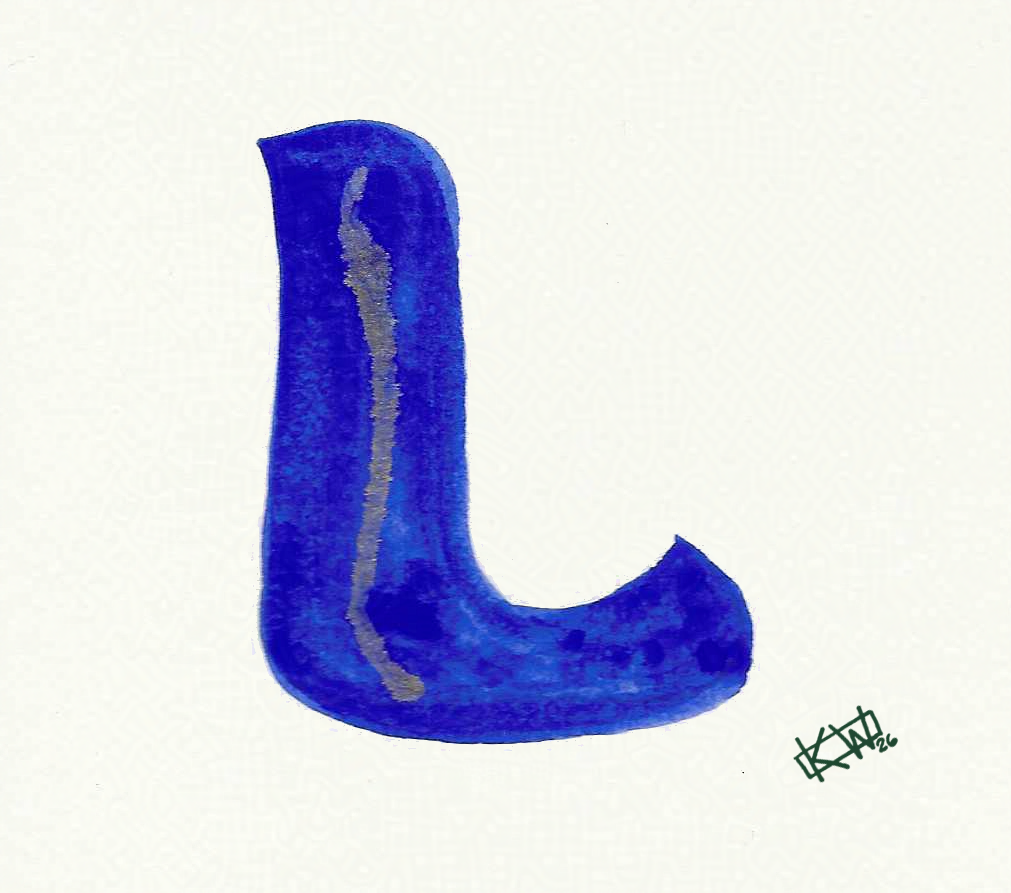 Watercolor of upper case letter L in a lovely shade of blue with gold swirls.