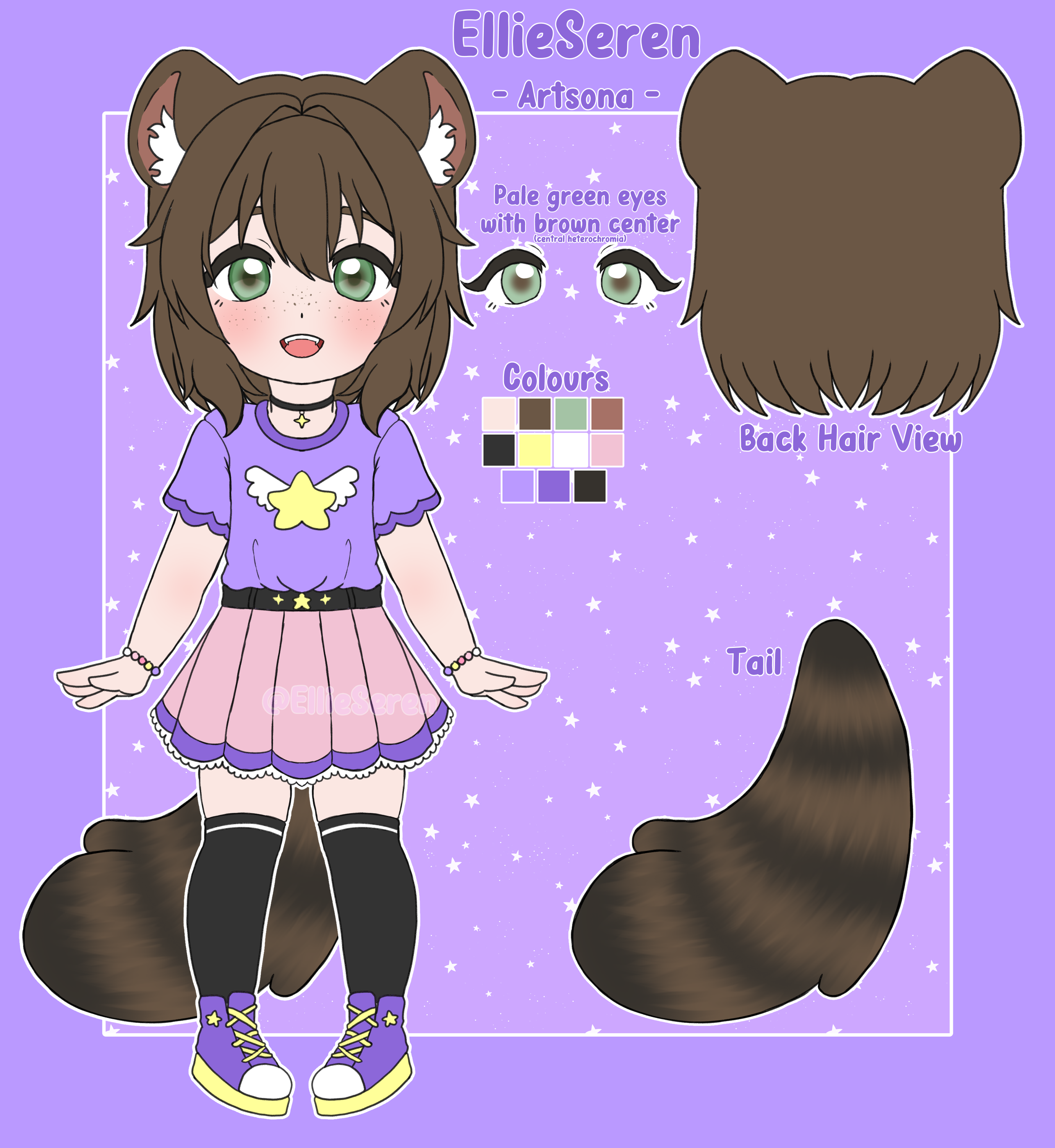 A reference image of a raccoon girl with brown hair and green eyes