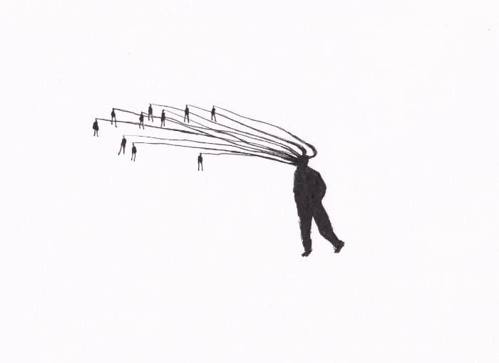 Eine Silhouette einer Person geht nach rechts. Von ihrem Kopf ausgehend, verlaufen viele dünne Linien zu kleinen menschlichen Figuren auf der linken Seite