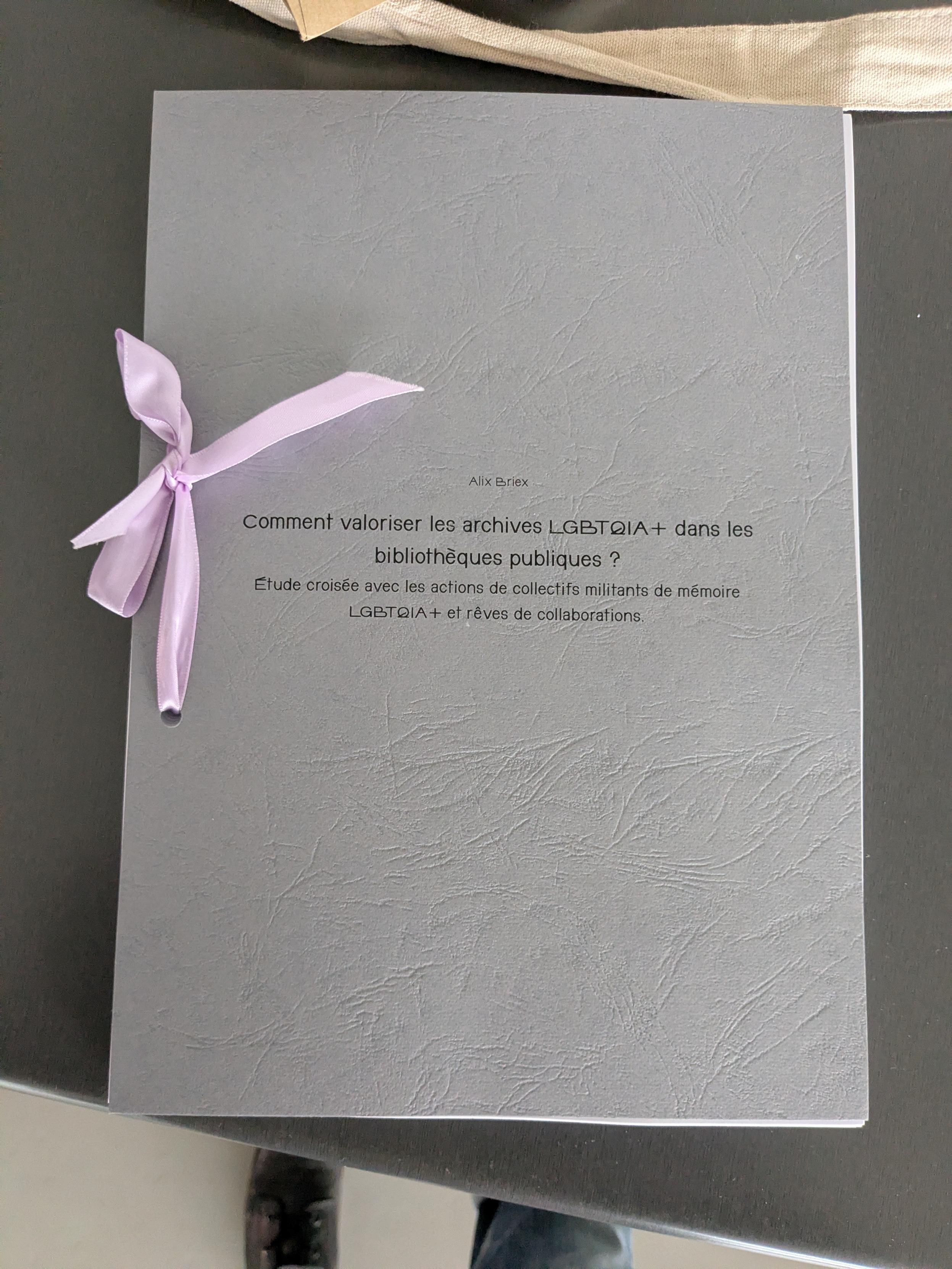 Un livre à couverture grise reliée par un ruban mignon . Avec écrit dessus comment valoriser les archives LGBTQIA+ dans les bibliothèques publiques ? Étude croisée avec les actions de collectifs militants de mémoire LGBTQIA+