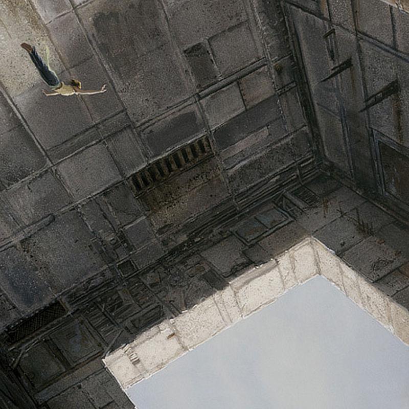 Detail from FREEFALL featuring the right half of the painting as the barefoot woman in yellow tank top and jeans dives through a massive hollow space seemingly on target to make it through and open square below and out to clear sky.