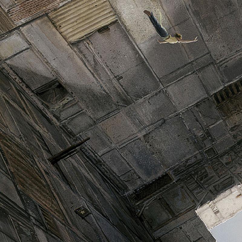 Detail from FREEFALL featuring the left half of the painting as the woman dives through a massive chamber. Along the wall below, a board projects outward wtith a small five pointed star painted on the underside.