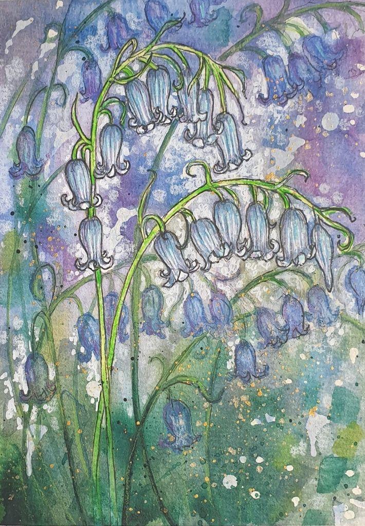 A painting of Scottish bluebell flowers with a background of blue, purple and green patches with splashes of gold.
Bluebells emerging in ancient woodlands to flower and leaf from April onwards. Millions of bulbs may exist in one bluebell wood, causing the blue carpets we so keenly associate with spring.
An original art work, please note that the frame is not included.
Watercolour and mixed media painting on acid free watercolour paper.
Approximately 6x8"(15.24 by 20.32 cm) will fit an 8x6" standard frame.