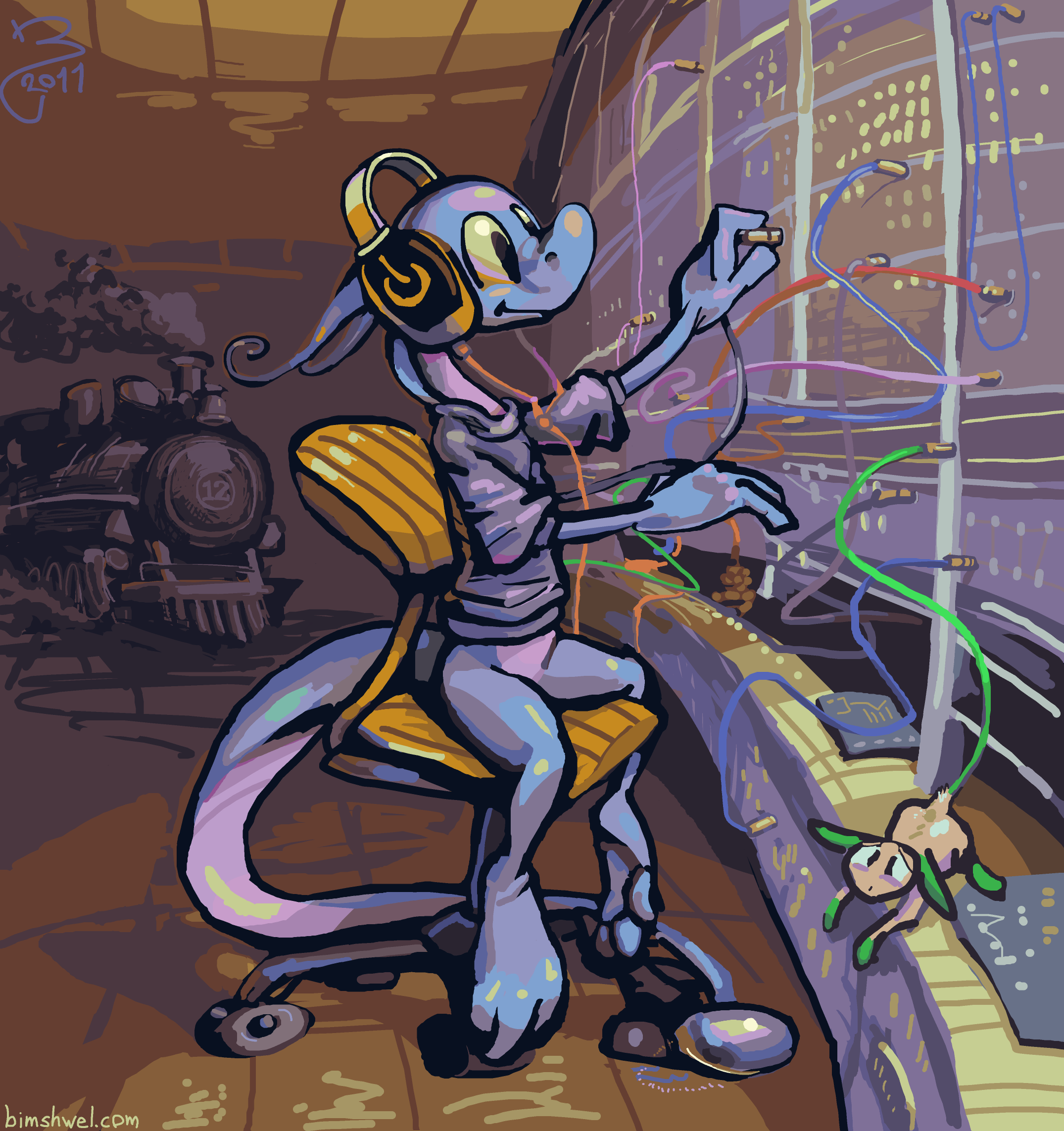 corny humanoid lizard wearing headphones and a loose shiny purple sweatshirt sits stupidly on a vintage desk chair while fiddling with a crudely drawn telephone switching board while an early twentieth century steam locomotive approaches from the distance