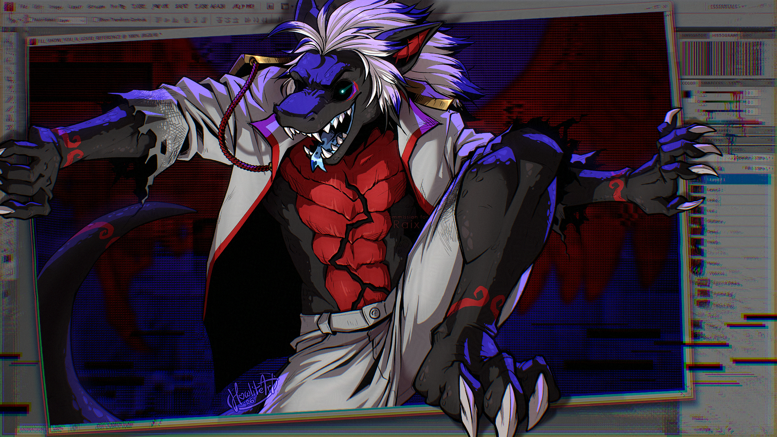 Digital art of a black dragon anthro crawling out of an art program screen, his hands bowing out the document boundaries, a manic look in his eyes. The UI is glitchy, aspects of it melting. He is wearing a torn and burnt academy uniform, the jacket open to reveal a jagged scar on his chest.