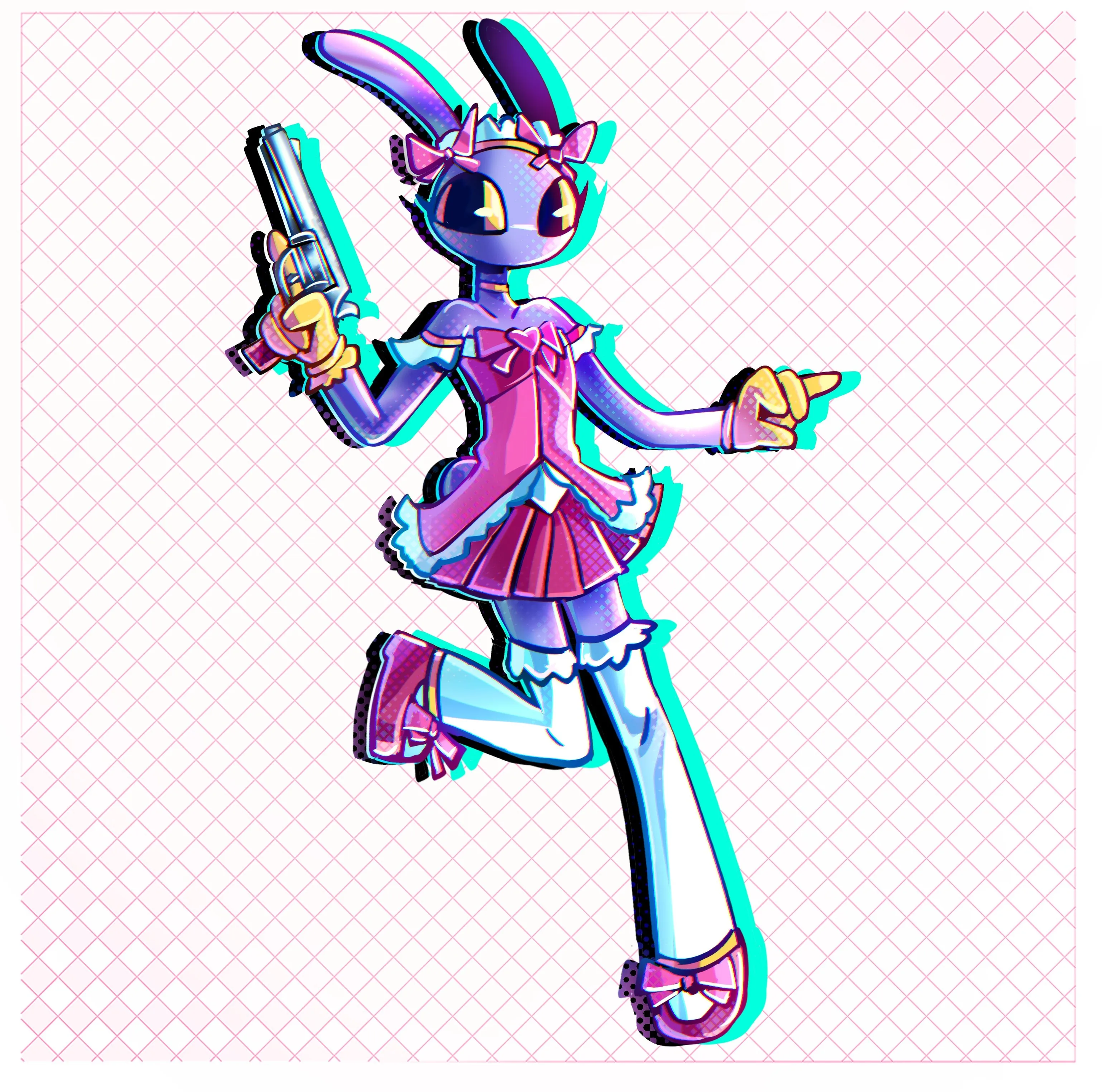 Digital illustration of the character Jax, from The Amazing Digital Circus, wearing a magical girl outfit. The character is a purple, anthro rabbit, with yellow gloves and big yellow eyes, and is wearing a pink dress, long socks, pink bows and pink shoes, and she's holding a gun in hand.
