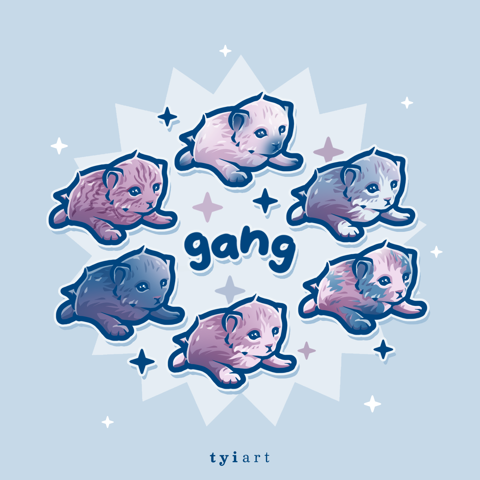 Digital drawing of 6 tiny kittens in a circle titled "gang"