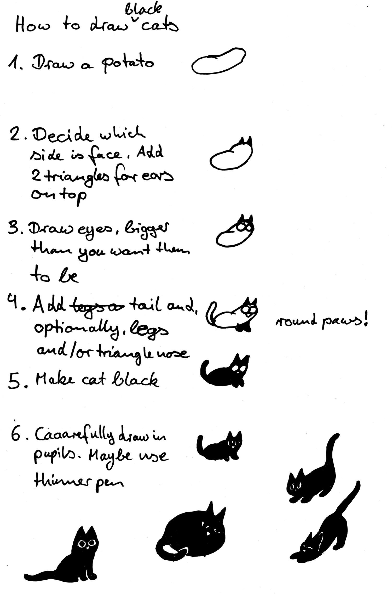 How to draw black cats, a tutorial with handwritten instructions and an example shown next to each step, all in black ink.
1. Draw a potato. (outline only)
2. Decide which side is face. Add 2 triangles for ears on top. (face on higher end of longish potato)
3. Draw eyes, bigger than you want them to be. (2 circles added below ears, touching potato line.)
4. Add tail and, optionally, legs and/or triangle nose. (the cat's tail is up. Paws below face. Small, upside down triangle nose between eyes.) No hind paws shown. Written note "round paws!")
5. Make cat black. (everything in outline besides eyes and nose filled in. Those appear smaller now, because their outlines and the area around them are both black)
6. Caaaarefully draw in pupils. Maybe use thinner pen. (big pupils drawn into eyes.)
Four more cats are drawn, one similar to example but sitting more upright, tail behind it on floor, one round with half-closed eyes, two attempts at "stretch with butt in air", one with more exaggerated form and eyes closed, shown as arced lines left white.