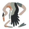 100x100 doodle of a heron character. its wings and neck are stretched downward and its long tail snakes back and fourth. it is brown with green and black tipped wings.