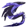 100x100 doodle of a crystal whale character. it is twisted in a s shaped pose, its head at the top and its underside facing up. it is grey with purple crystals along its body and entire tail.