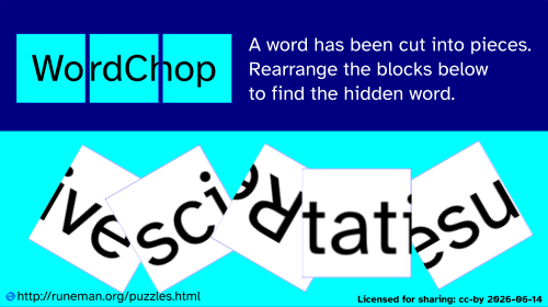 There's a word which has been cut into squares, each of which contains a part  of the word, maybe with parts of some letters cut so they appear on different squares.

The puzzle image is mostly in stripes of blue, but the jumbled, partly overlapping squares are white with black letters.

The main clue is that one letter has a capital letter in it, marking the beginning of the word.