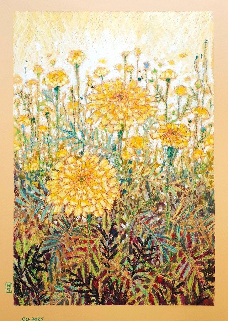 An A4 size original oil pastel painting of yellow marigolds with a pale yellow background and dark foliage. The painting is on peach toned pastel paper. Marigolds are the birth month flower for October.
An original art work, please note that the frame is not included.
Fine art oil pastel on toned pastel paper
Size A4 (210 x 297mm / 8.3 x 11.7")
