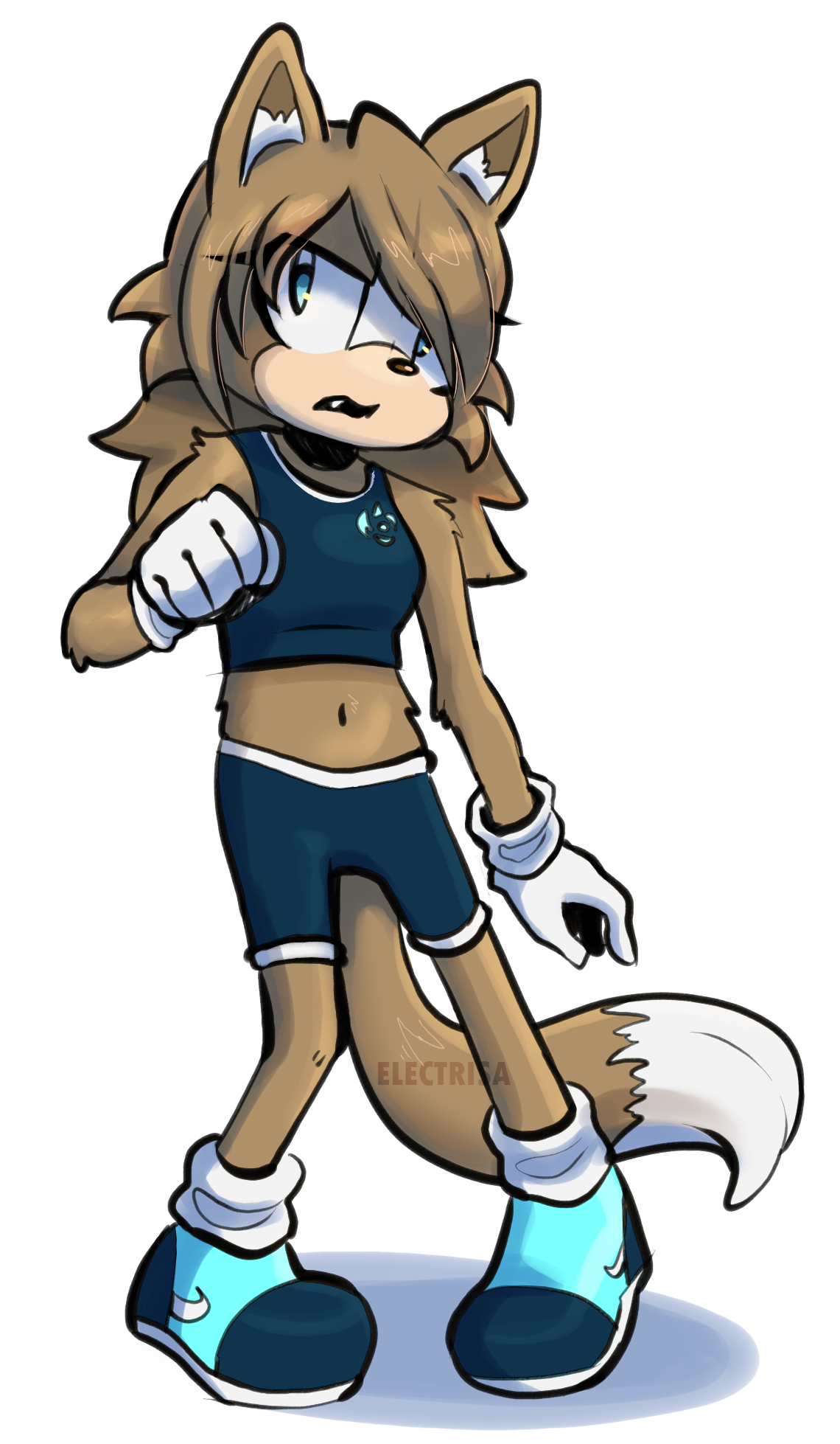 Anthropomorphic wolf-sheep hybrid with brown fur, wearing a navy blue sports outfit, looking determined and/or on guard.