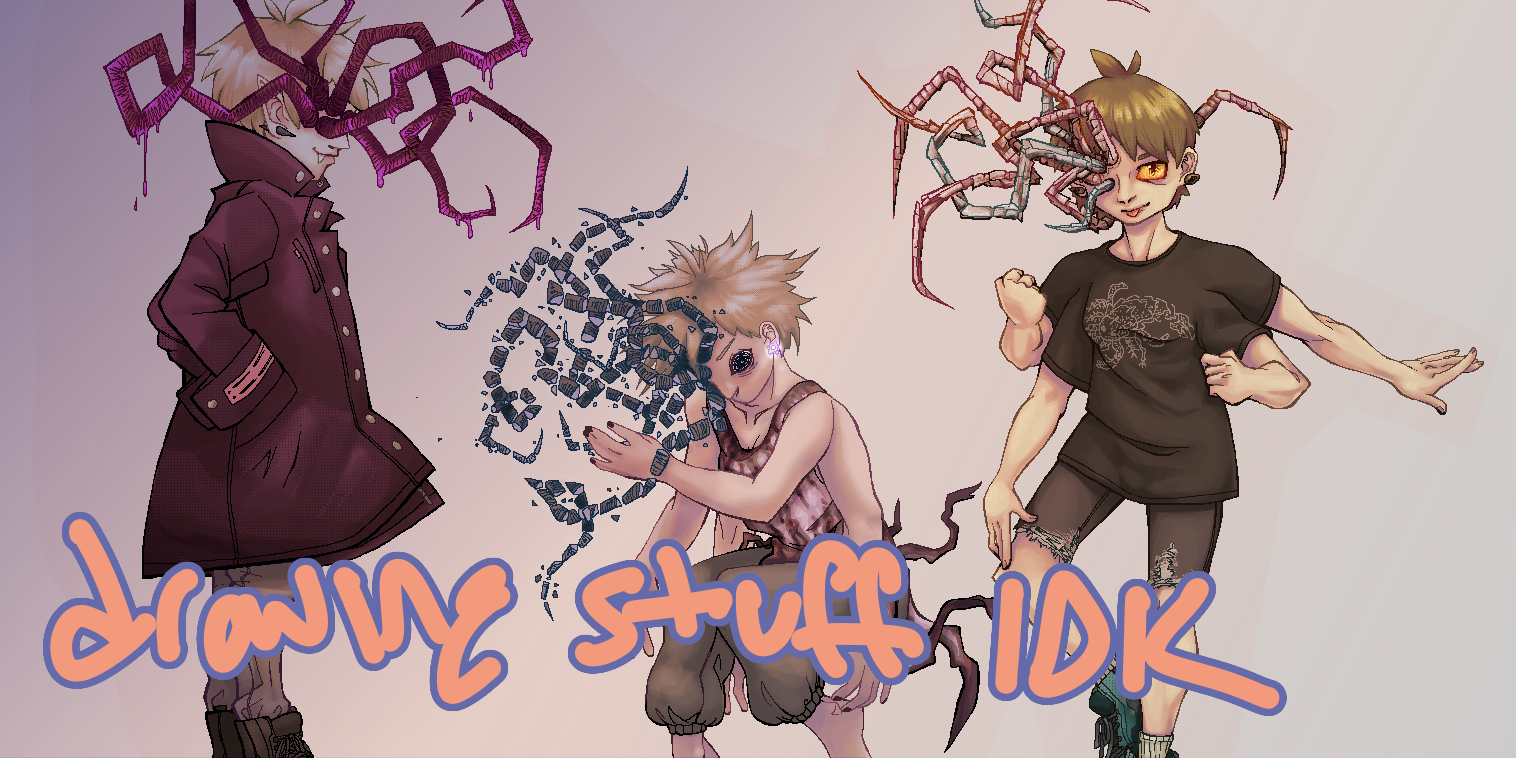 digital drawing of three versions of the same character with creepy face tentacles
the text reads "drawing stuff idk"